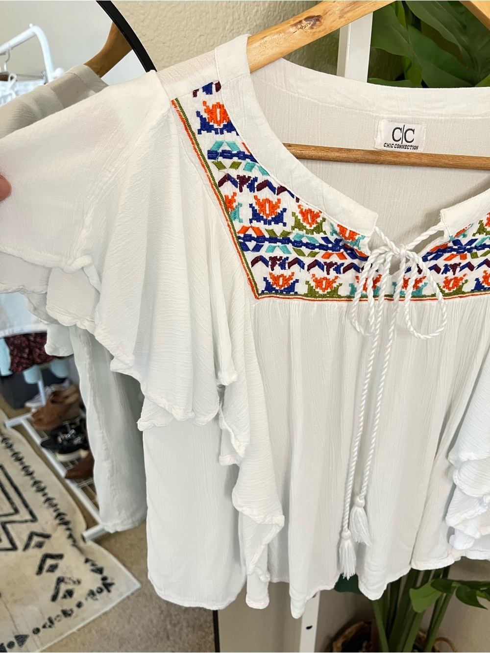 White Boho Embroidered Ruffle Blouse - Picture 5 of 6